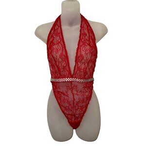 NWT Victoria’s Secret Rhinestone Waist Unlined Red Lace halter style Teddy L